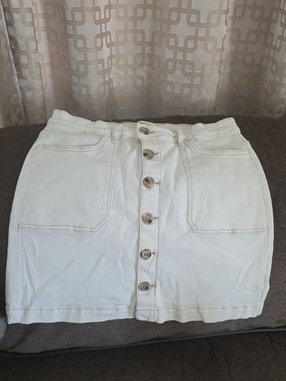 Button-Front White Mini Skirt with Patch Pockets
